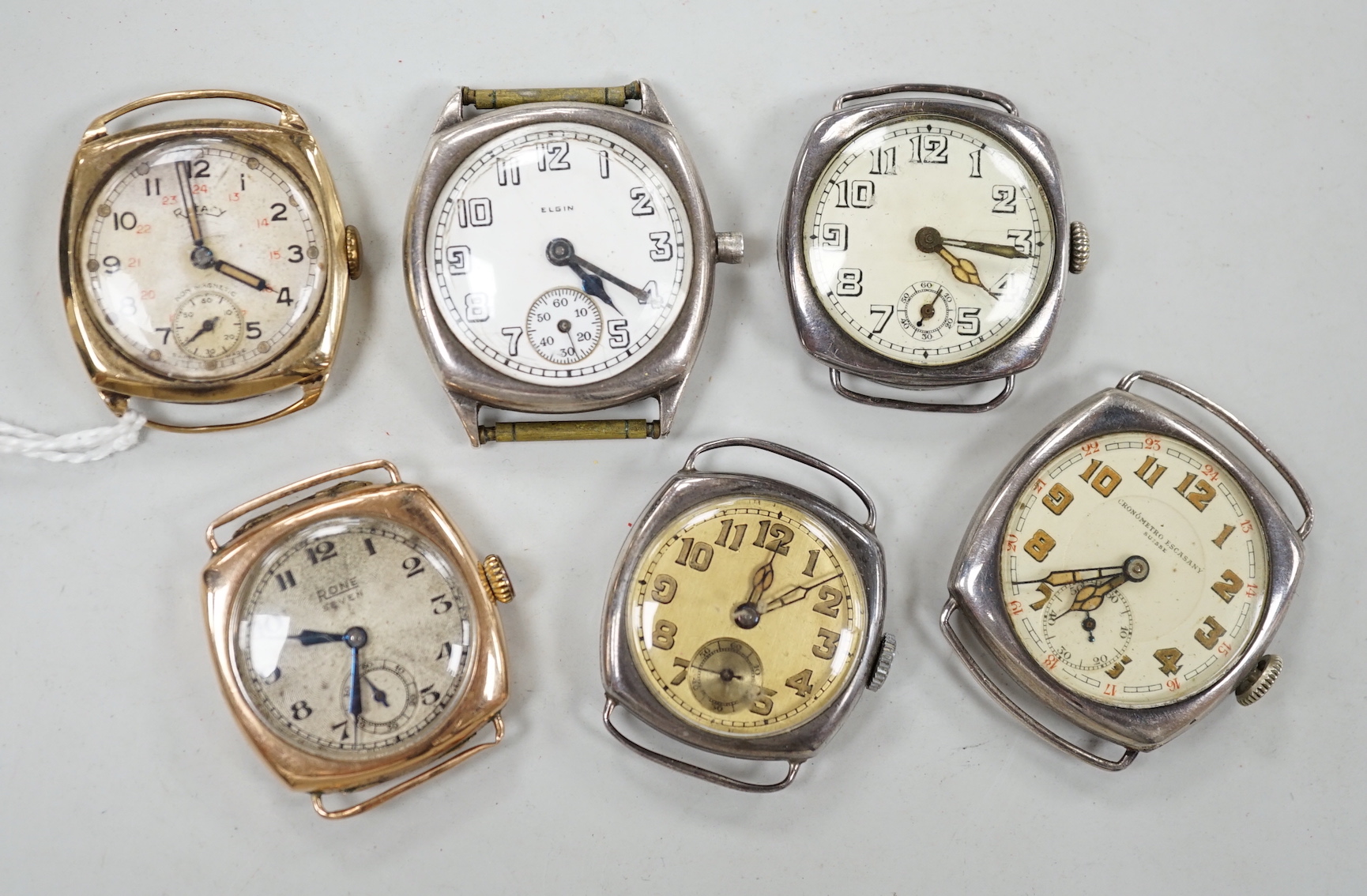 Six assorted gentleman's early to mid 20th century manual wind wrist watches, including 9ct gold Rotary and 9ct gold Rone Seven.